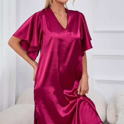 Satin Flutter Sleeve Side Slit V-Neck Night Dress - MimiStylez