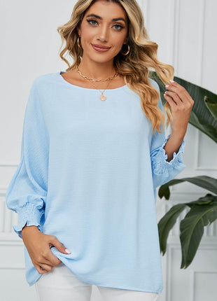 Smocked Lantern Sleeve Round Neck Blouse - MimiStylez