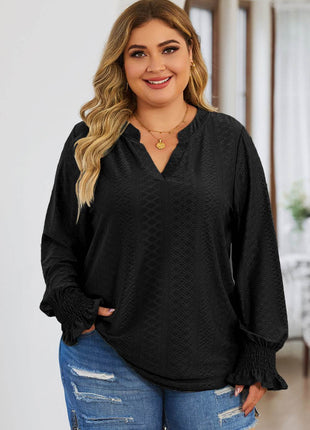 Plus Size Eyelet Notched Flounce Sleeve Blouse - MimiStylez