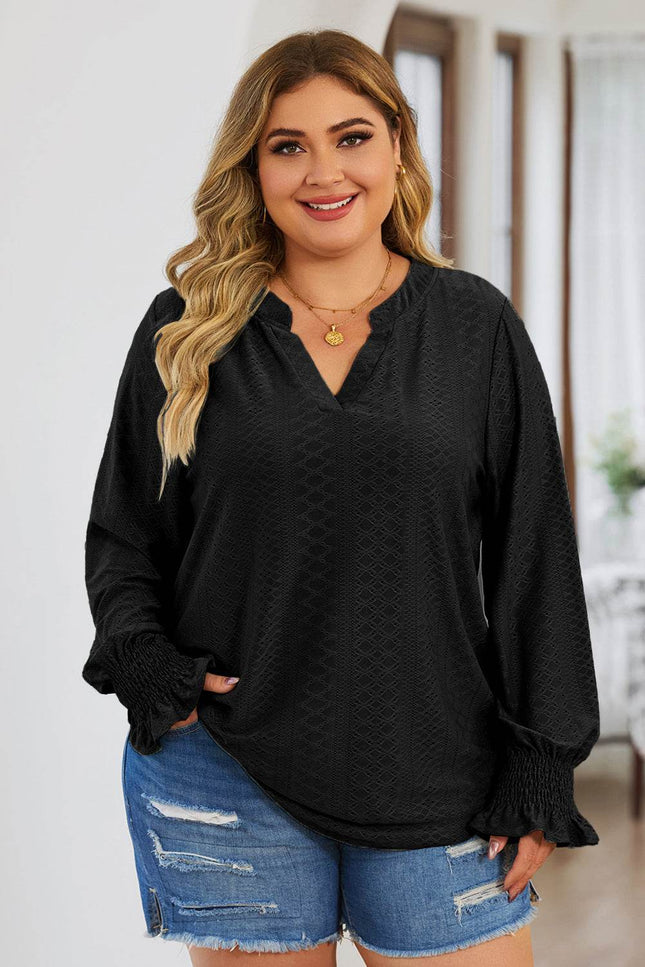 Plus Size Eyelet Notched Flounce Sleeve Blouse - MimiStylez