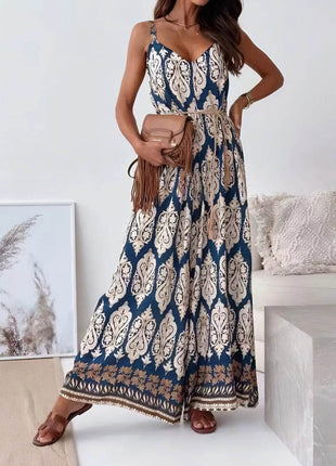 Printed V-Neck Wide Leg Jumpsuit - MimiStylez