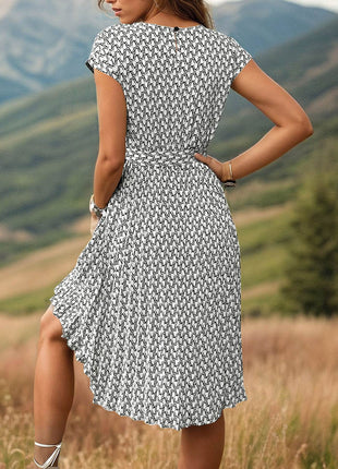 Printed Cap Sleeve Tie Waist Dress - MimiStylez
