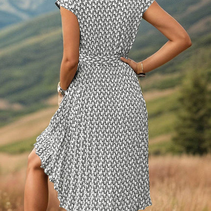 Printed Cap Sleeve Tie Waist Dress - MimiStylez