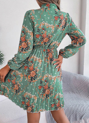 Pleated Printed Tie Neck Long Sleeve Dress - MimiStylez