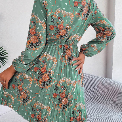 Pleated Printed Tie Neck Long Sleeve Dress - MimiStylez