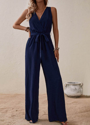 Tied Surplice Sleeveless Wide Leg Jumpsuit - MimiStylez