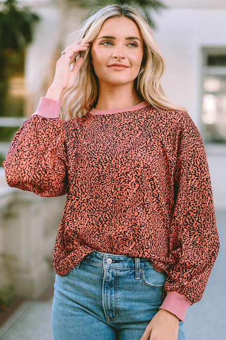 Leopard Round Neck Long Sleeve Sweatshirt - MimiStylez