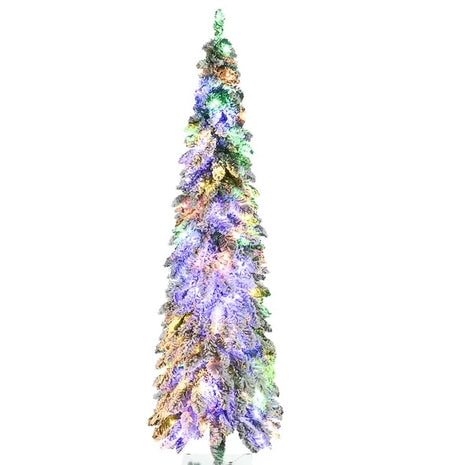 6FT Prelit Pencil Christmas Tree With 407 Snow Flocked Branches, 250 Warm White Or Colorful LED Lights