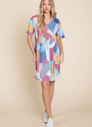 BOMBOM Ruched Color Block Short Sleeve Dress - MimiStylez