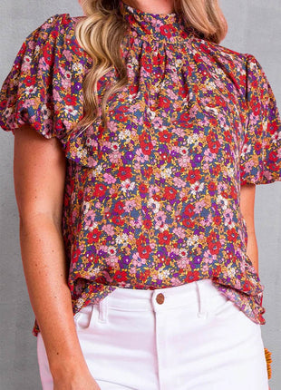 Printed Mock Neck Short Sleeve Blouse - MimiStylez