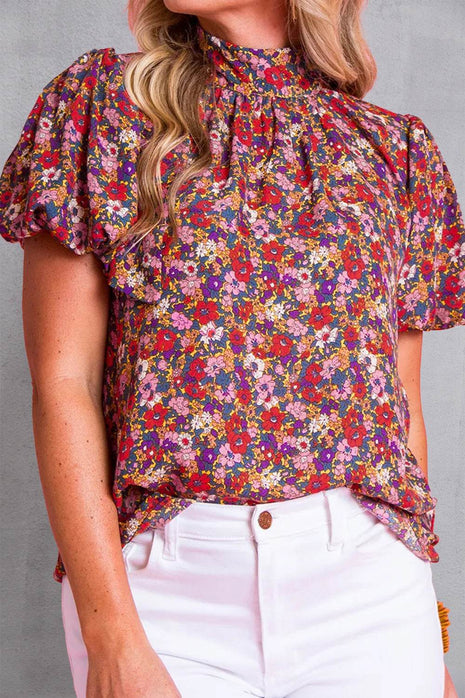Printed Mock Neck Short Sleeve Blouse - MimiStylez