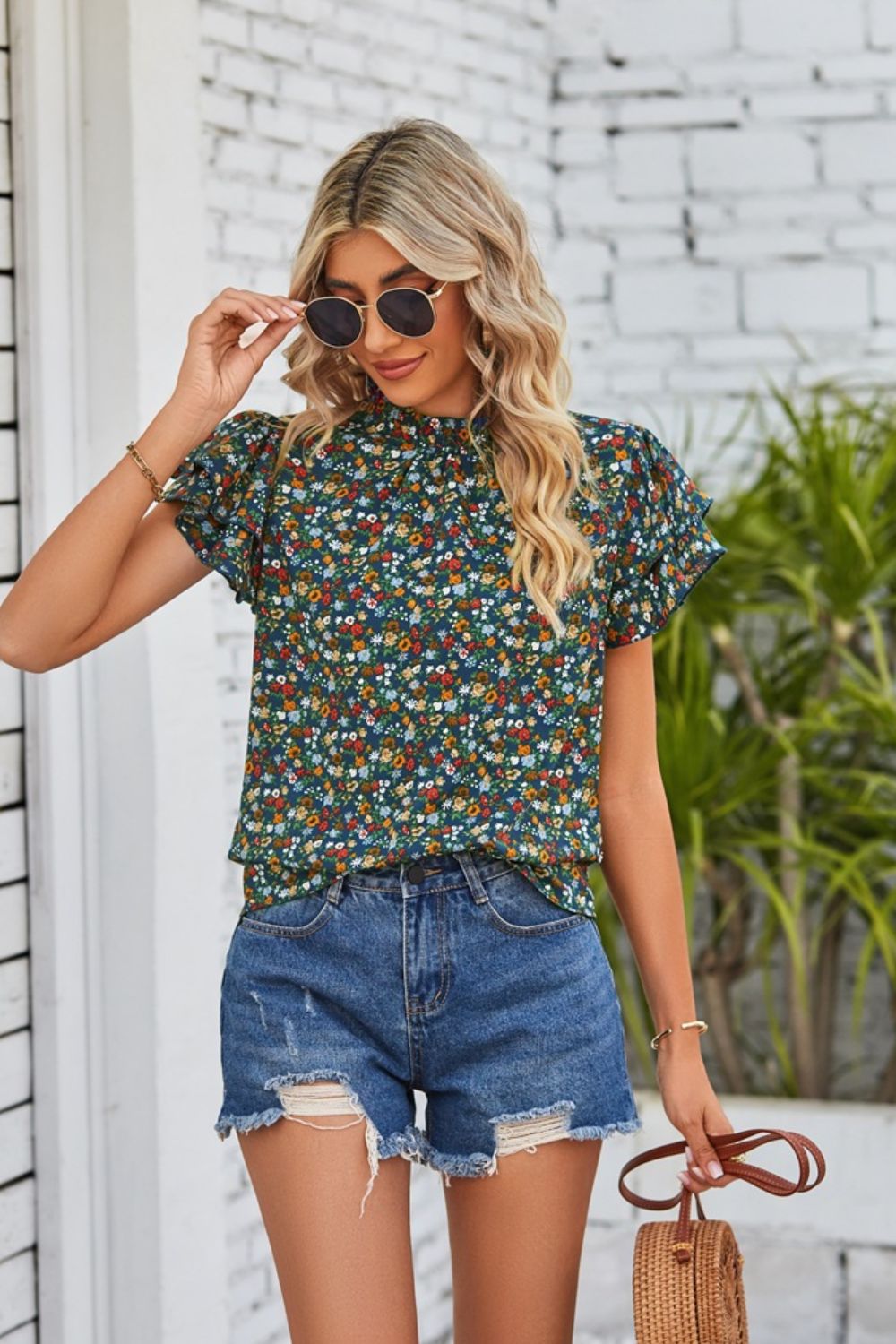 Floral Ruffle Collar Flutter Sleeve Blouse