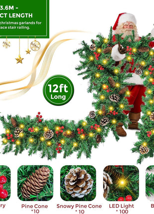 Guirnalda navideña de 12 pies con decoración variada