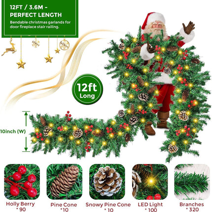 Guirnalda navideña de 12 pies con decoración variada