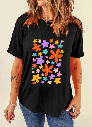 Flower Graphic Round Neck Short Sleeve T-Shirt - MimiStylez
