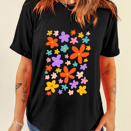 Flower Graphic Round Neck Short Sleeve T-Shirt - MimiStylez