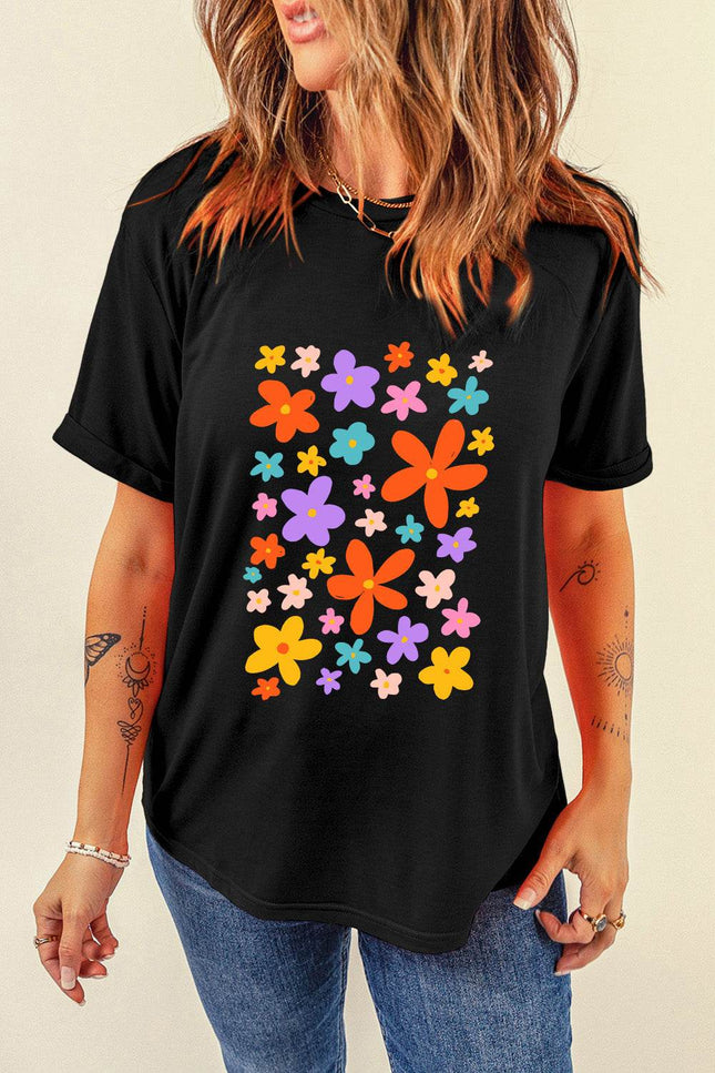 Flower Graphic Round Neck Short Sleeve T-Shirt - MimiStylez