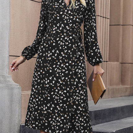 Printed Surplice Neck Long Sleeve Dress - MimiStylez