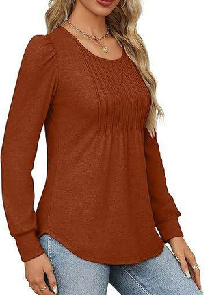 Women's Bubble Sleeve Waist Pleated Round Neck Long Sleeve T-shirt - MimiStylez