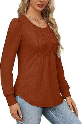 Women's Bubble Sleeve Waist Pleated Round Neck Long Sleeve T-shirt - MimiStylez