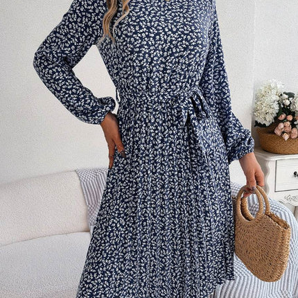 Ditsy Floral Tie Waist Pleated Dress - MimiStylez