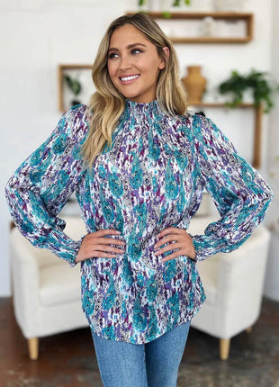 Double Take Full Size Printed Smocked Long Sleeve Blouse - MimiStylez
