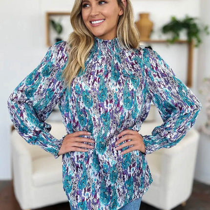 Double Take Full Size Printed Smocked Long Sleeve Blouse - MimiStylez