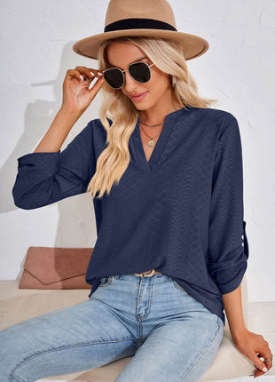 V-Neck Roll-Tap Sleeve Blouse - MimiStylez