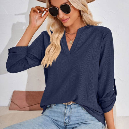 V-Neck Roll-Tap Sleeve Blouse - MimiStylez