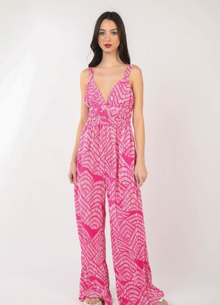 VERY J Printed Pleated Sleeveless Wide Leg Jumpsuit - MimiStylez