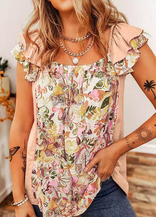 Ruffled Floral Square Neck Cap Sleeve Blouse - MimiStylez