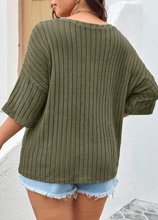 Plus Size V-Neck Ribbed Knit T-Shirt - MimiStylez