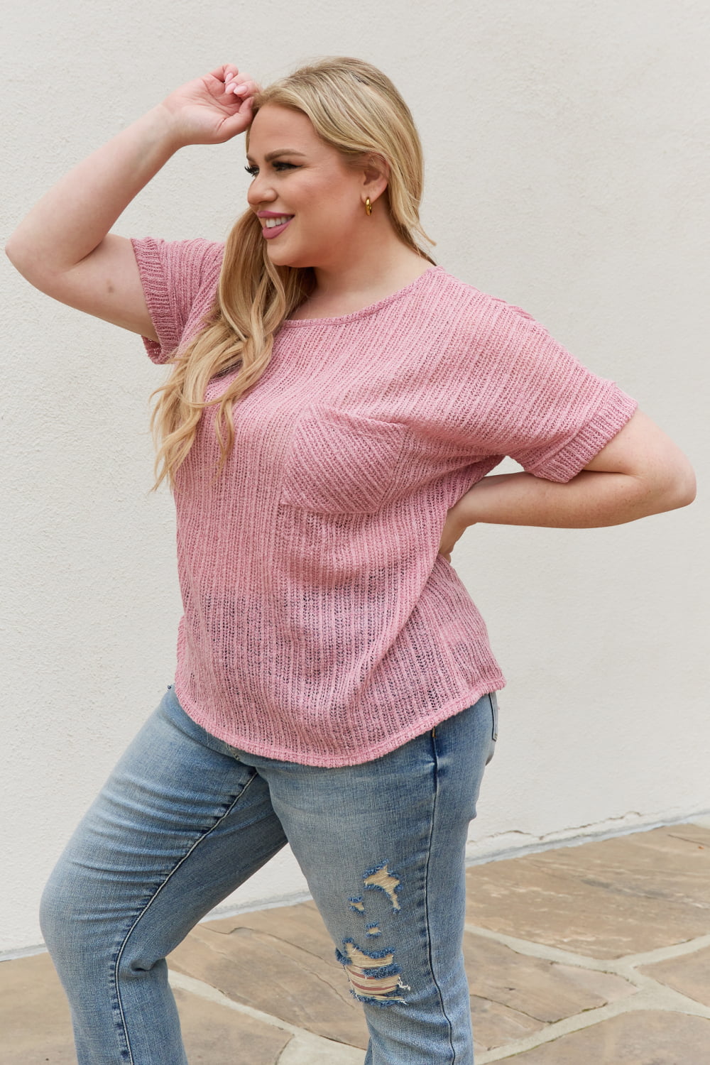 Full Size Chunky Knit Short Sleeve Top in Mauve