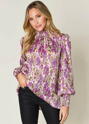 Double Take Full Size Printed Smocked Long Sleeve Blouse - MimiStylez