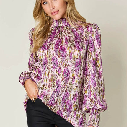 Double Take Full Size Printed Smocked Long Sleeve Blouse - MimiStylez