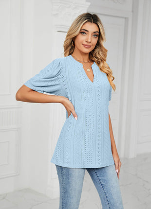 Eyelet Short Puff Sleeve Notched Neck Top - MimiStylez