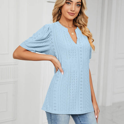 Eyelet Short Puff Sleeve Notched Neck Top - MimiStylez