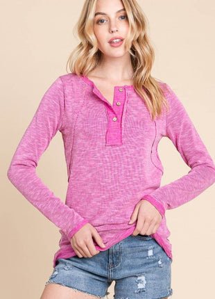 Reborn J Contrast Trim Half Button Long Sleeve T-Shirt - MimiStylez