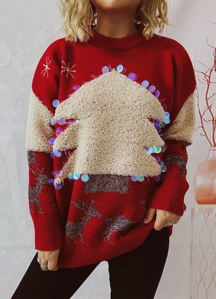 Sequin Christmas Tree & Reindeer Round Neck Sweater - MimiStylez
