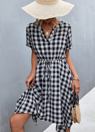 Plaid Notched Short Sleeve Dress - MimiStylez