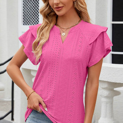 Eyelet Notched Flutter Sleeve T-Shirt - MimiStylez