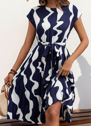 Tied Pleated Printed Cap Sleeve Dress - MimiStylez