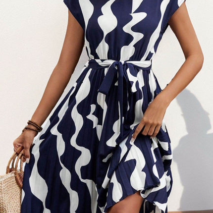 Tied Pleated Printed Cap Sleeve Dress - MimiStylez