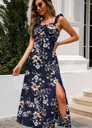 Floral Print Sleeveless Square Neck Slit Midi Dress - MimiStylez
