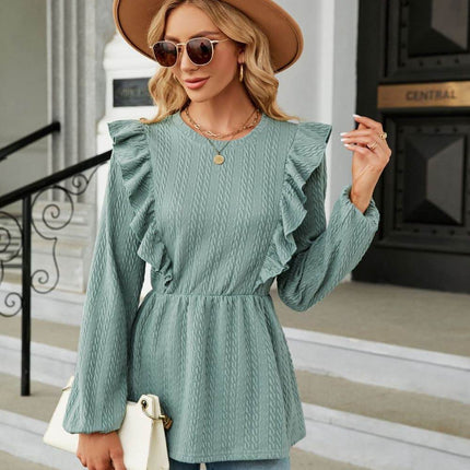 Round Neck Ruffled Peplum Blouse - MimiStylez