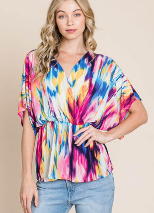 BOMBOM Printed Surplice Peplum Blouse - MimiStylez