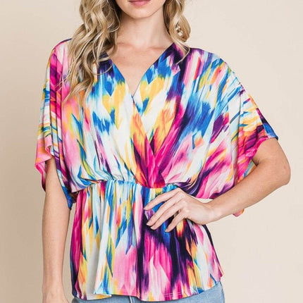 BOMBOM Printed Surplice Peplum Blouse - MimiStylez