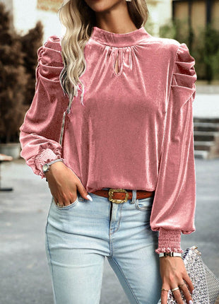 Tie Up Mock Neck Velvet Fabric Long Sleeve Blouse - MimiStylez