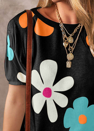 Flower Round Neck Short Sleeve Blouse - MimiStylez