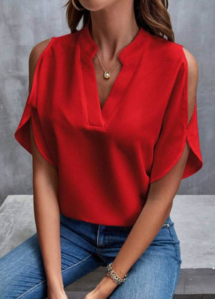 Notched Cold Shoulder Half Sleeve Blouse - MimiStylez